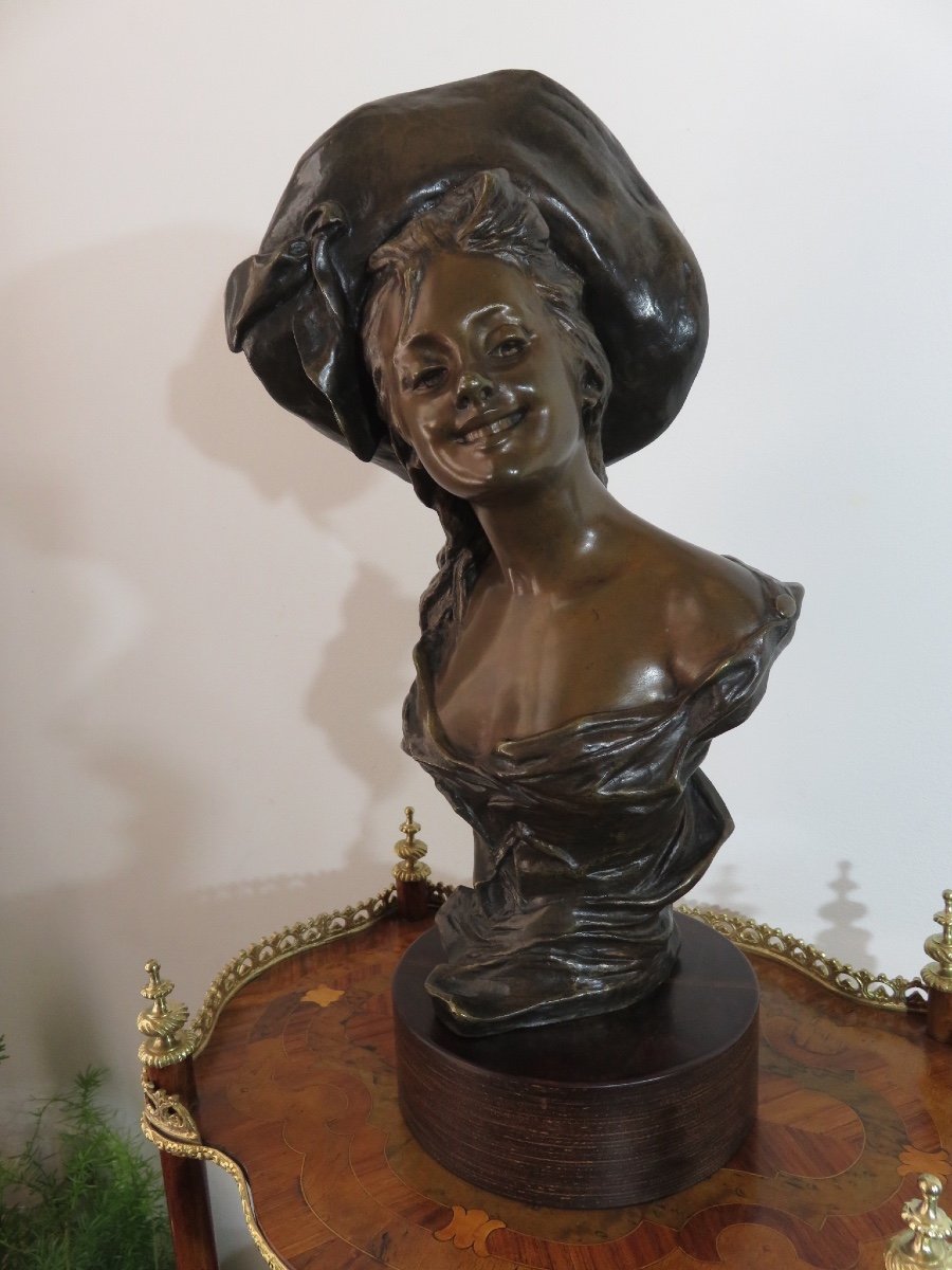 Bronze : Buste de jeune femme au chapeau de Van der Straeten ( 1856 - 1941)-photo-7