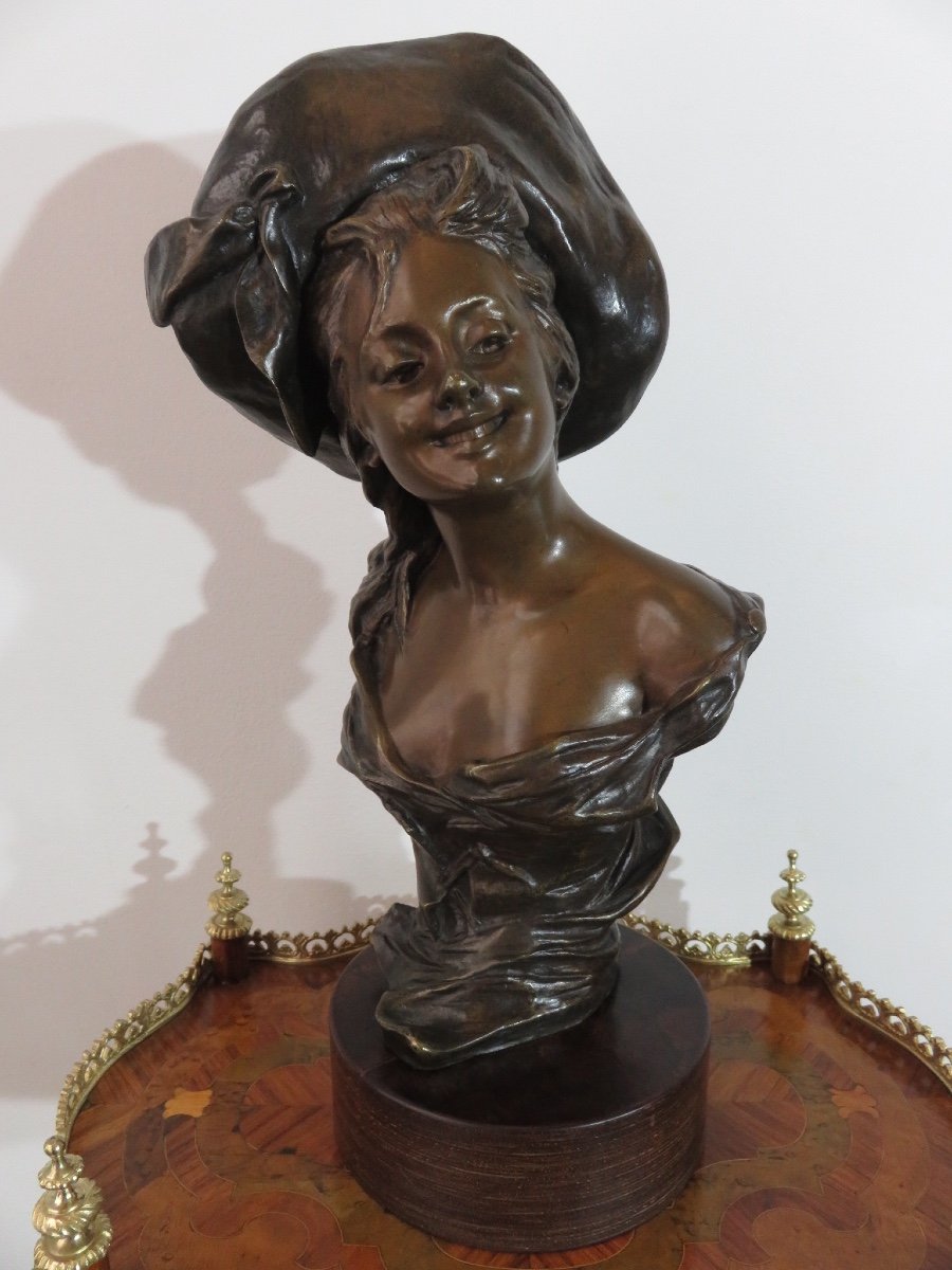 Bronze : Buste de jeune femme au chapeau de Van der Straeten ( 1856 - 1941)