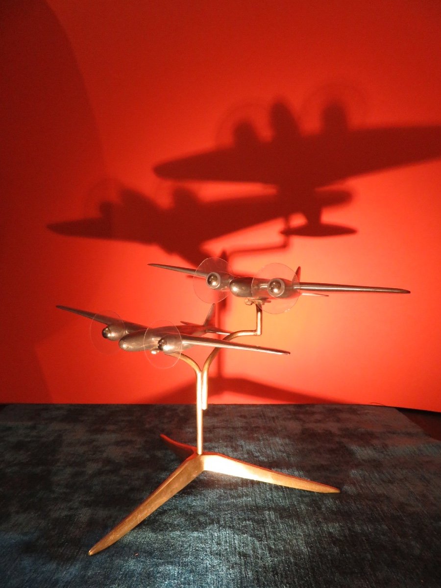 Double Avions En Fonte d'Aluminium Orientables Art Déco-photo-4