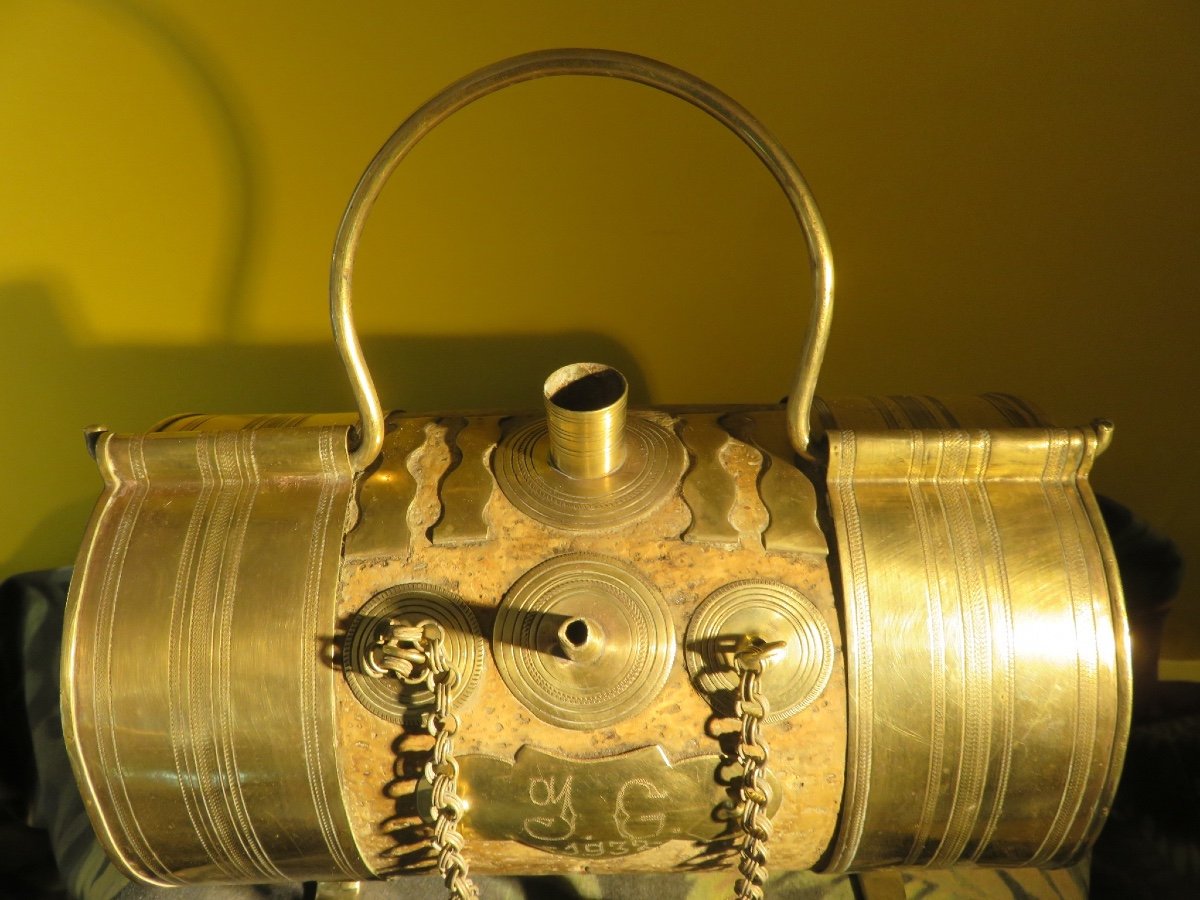 Object Of Curiosity, Folk Art: Catalan Water Bottle In Cork And Brass-photo-2