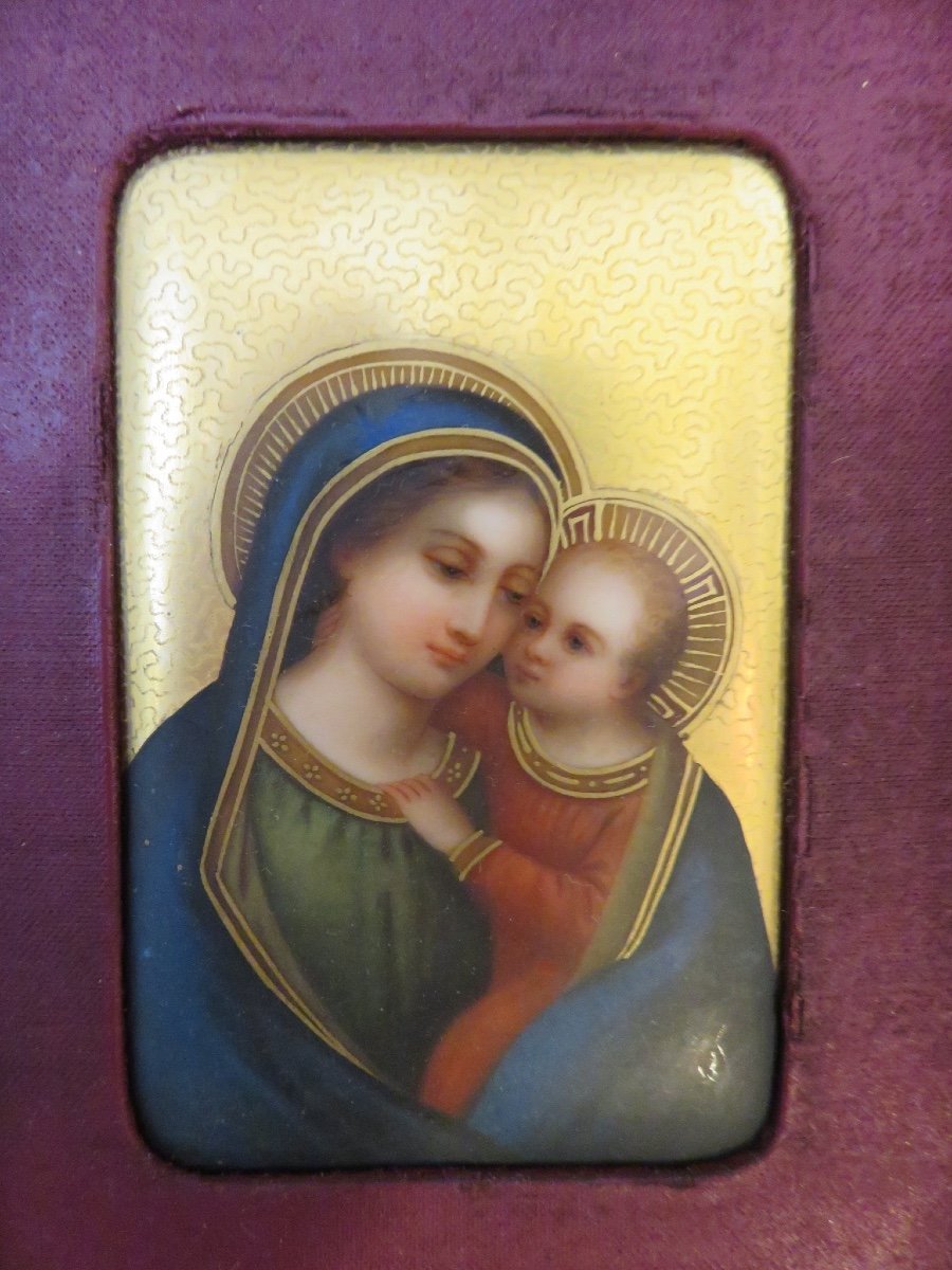 Vierge à l'Enfant : peinture sur porcelaine , encadrement en bois doré vénitien -photo-2