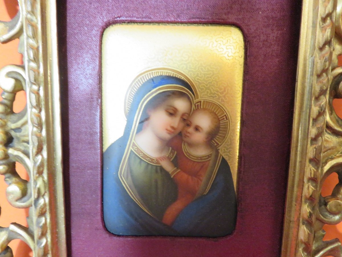 Vierge à l'Enfant : peinture sur porcelaine , encadrement en bois doré vénitien -photo-2