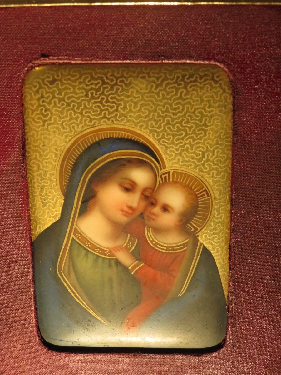 Vierge à l'Enfant : peinture sur porcelaine , encadrement en bois doré vénitien -photo-3