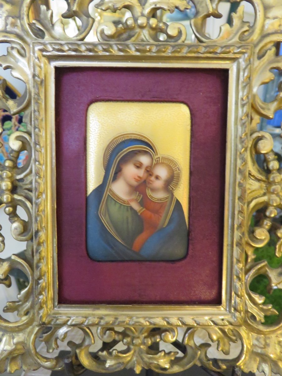Vierge à l'Enfant : peinture sur porcelaine , encadrement en bois doré vénitien -photo-6