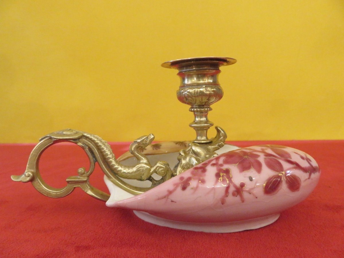 Hand Candle Holder In Gilded Bronze: Faun Head And Dragon Mounted On Porcelain-photo-4