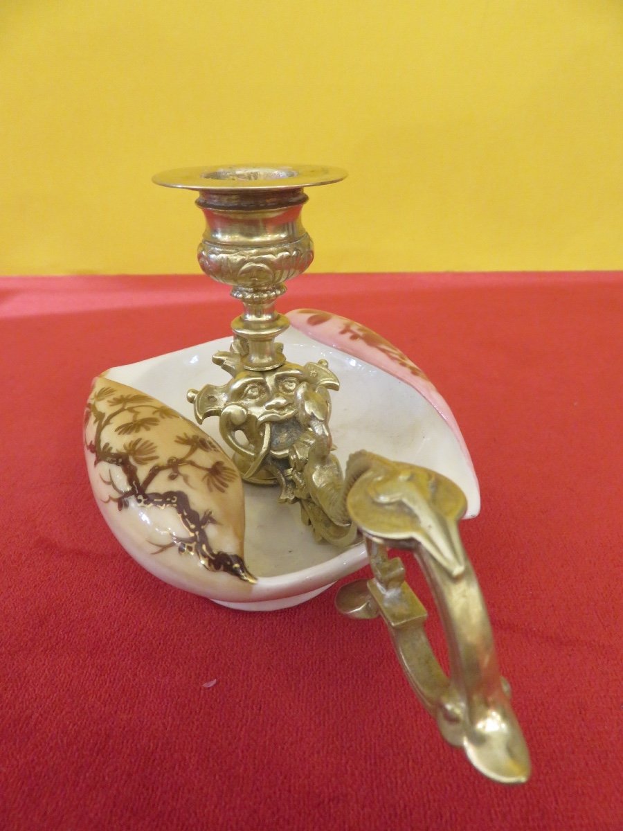 Hand Candle Holder In Gilded Bronze: Faun Head And Dragon Mounted On Porcelain-photo-2