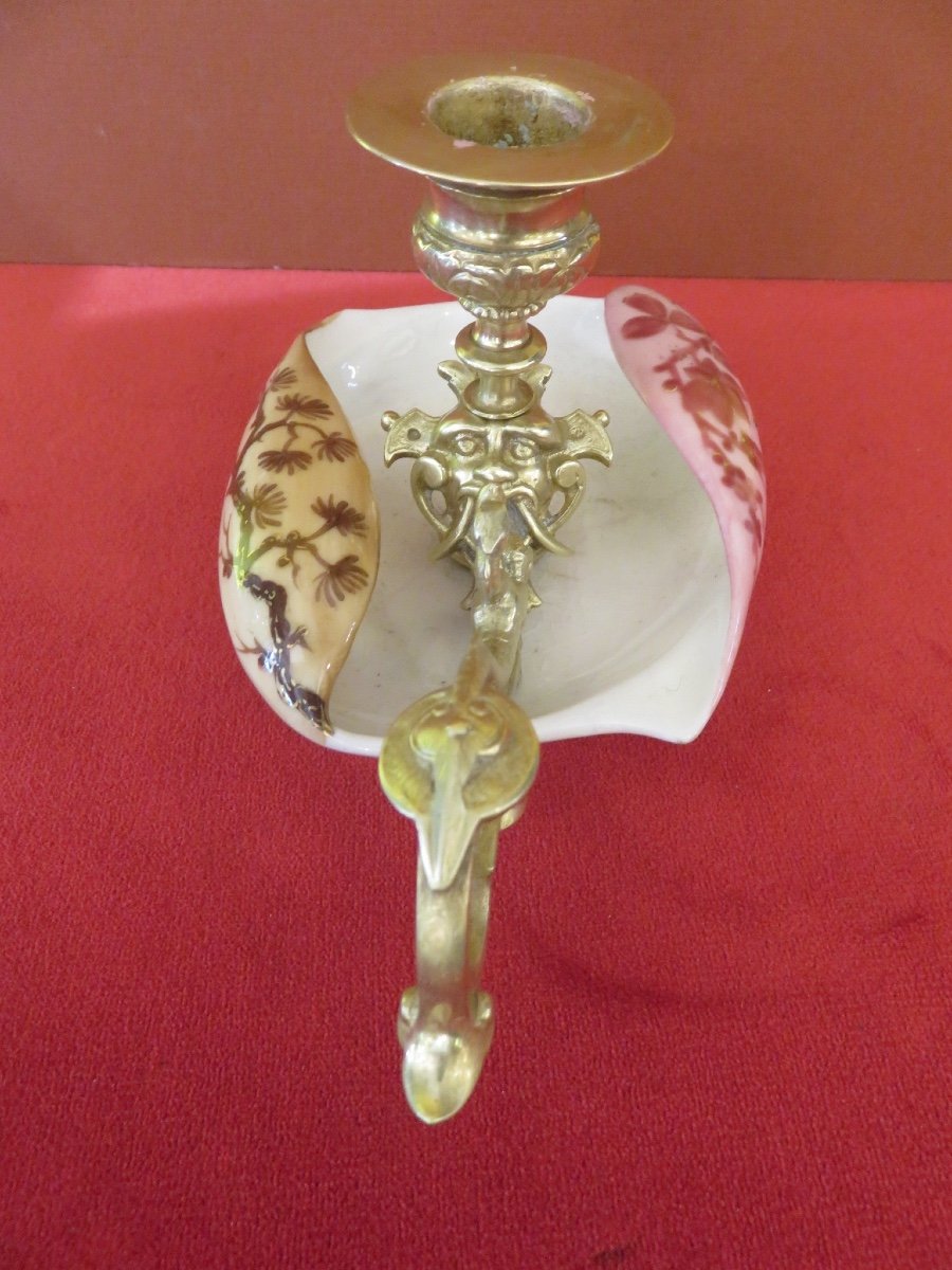 Hand Candle Holder In Gilded Bronze: Faun Head And Dragon Mounted On Porcelain-photo-5