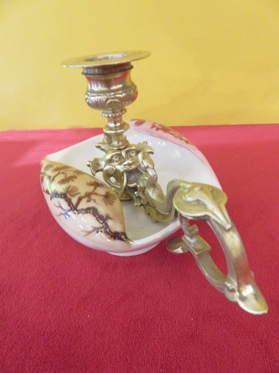 Hand Candle Holder In Gilded Bronze: Faun Head And Dragon Mounted On Porcelain-photo-6