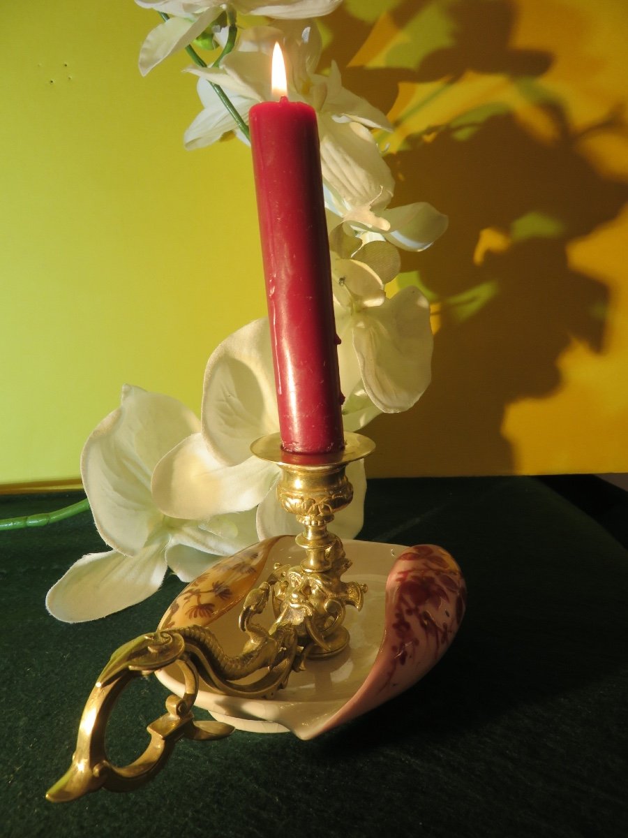 Hand Candle Holder In Gilded Bronze: Faun Head And Dragon Mounted On Porcelain-photo-8