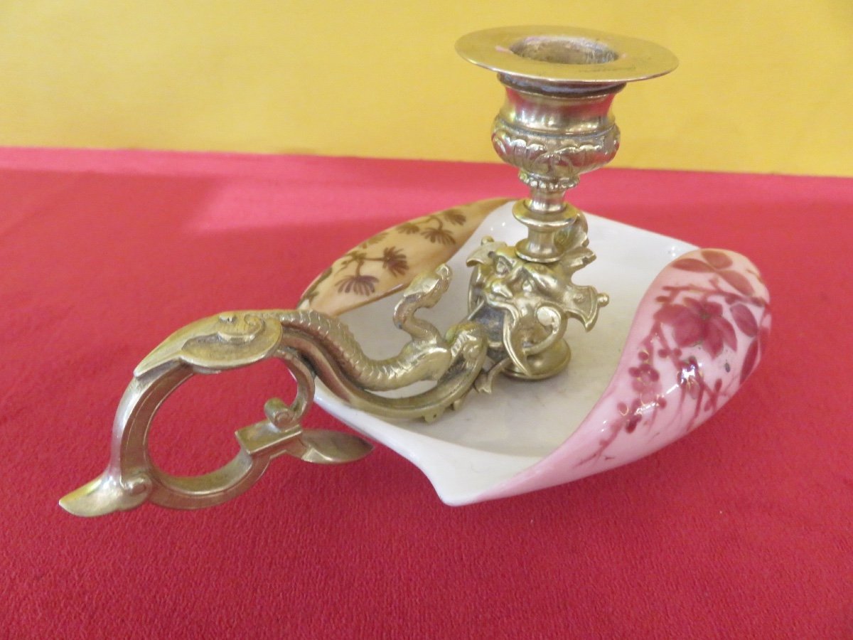 Hand Candle Holder In Gilded Bronze: Faun Head And Dragon Mounted On Porcelain
