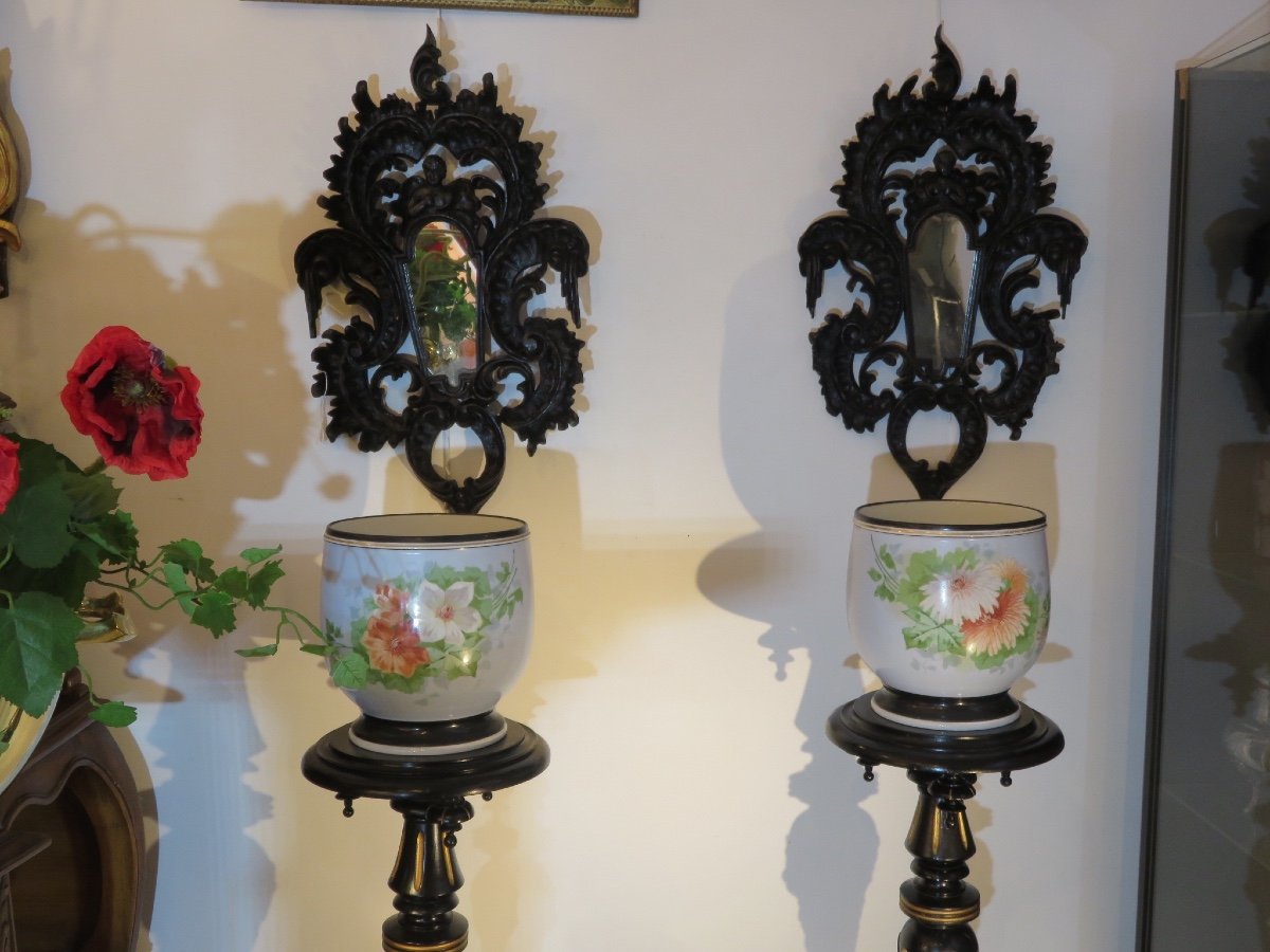 Paire de sellettes avec leurs cache pots en porcelaine de Paris d'époque Napoléon III-photo-3