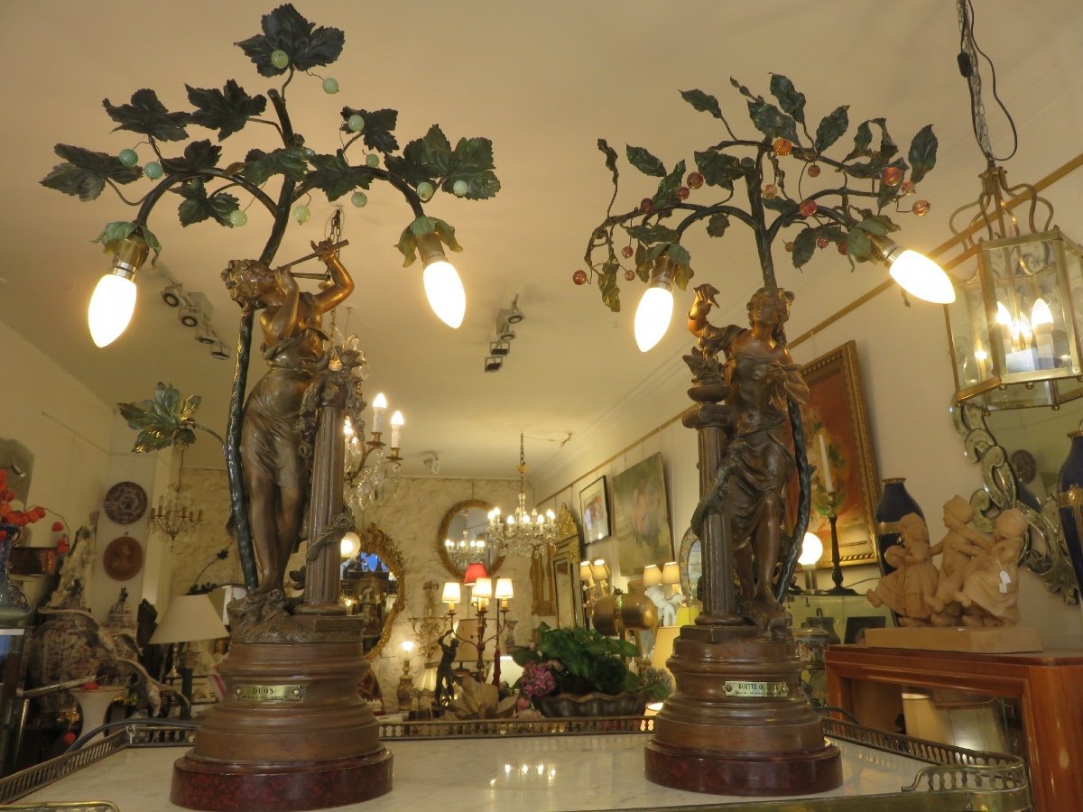 Two Large Art Nouveau Lamps (70 And 64 Cm), In Regula, Signed By Auguste Moreau 1834-1917-photo-3