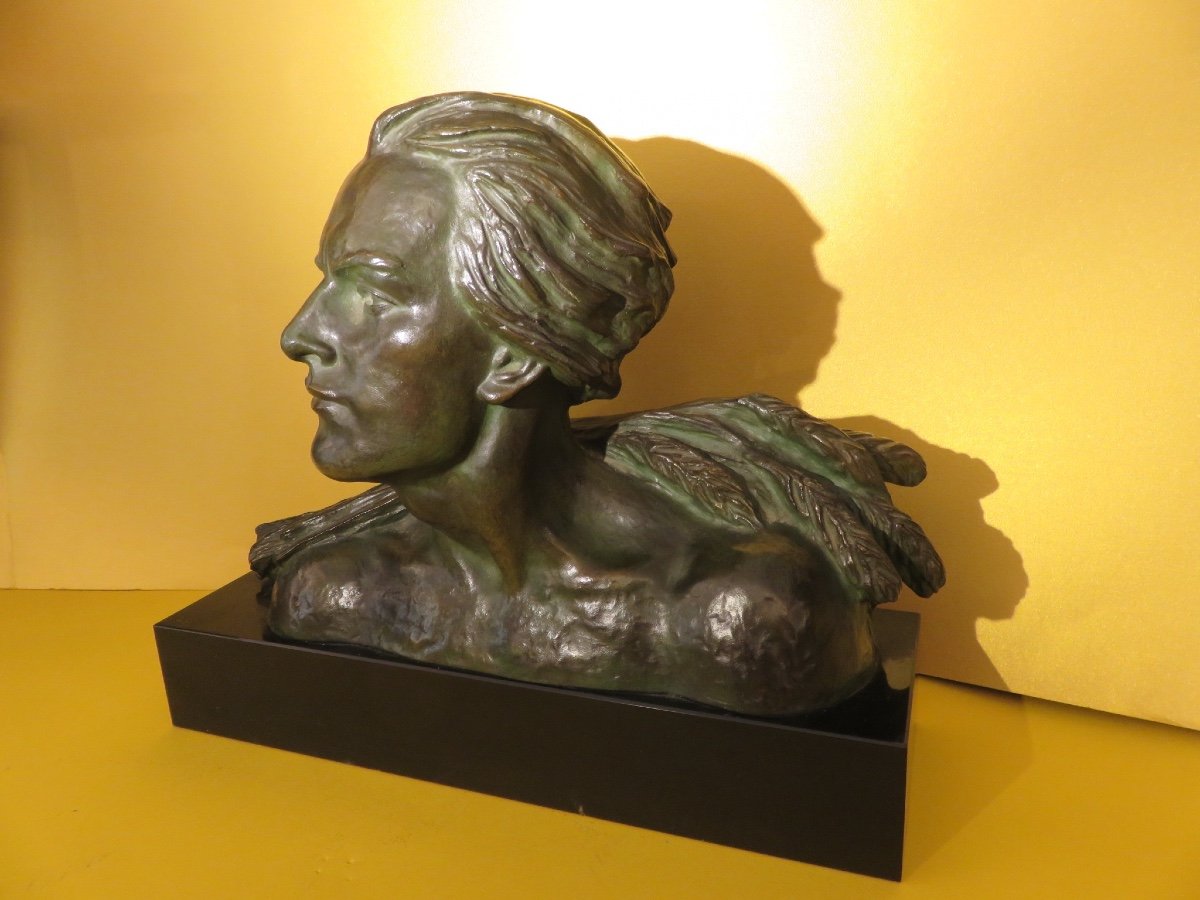 Art Deco Bronze By Alexandre Ouline, Bust Of A Man, Fondeur Patrouilleau-photo-2
