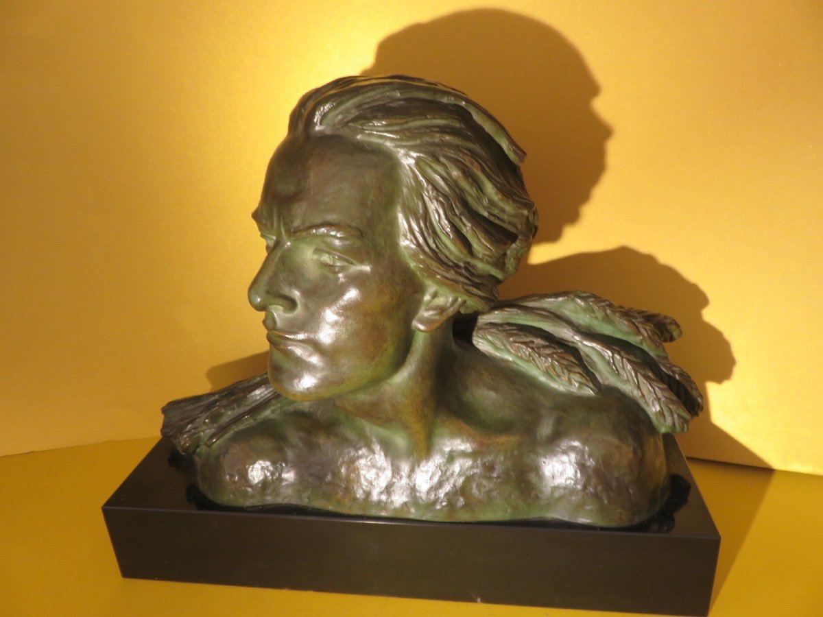 Art Deco Bronze By Alexandre Ouline, Bust Of A Man, Fondeur Patrouilleau-photo-4