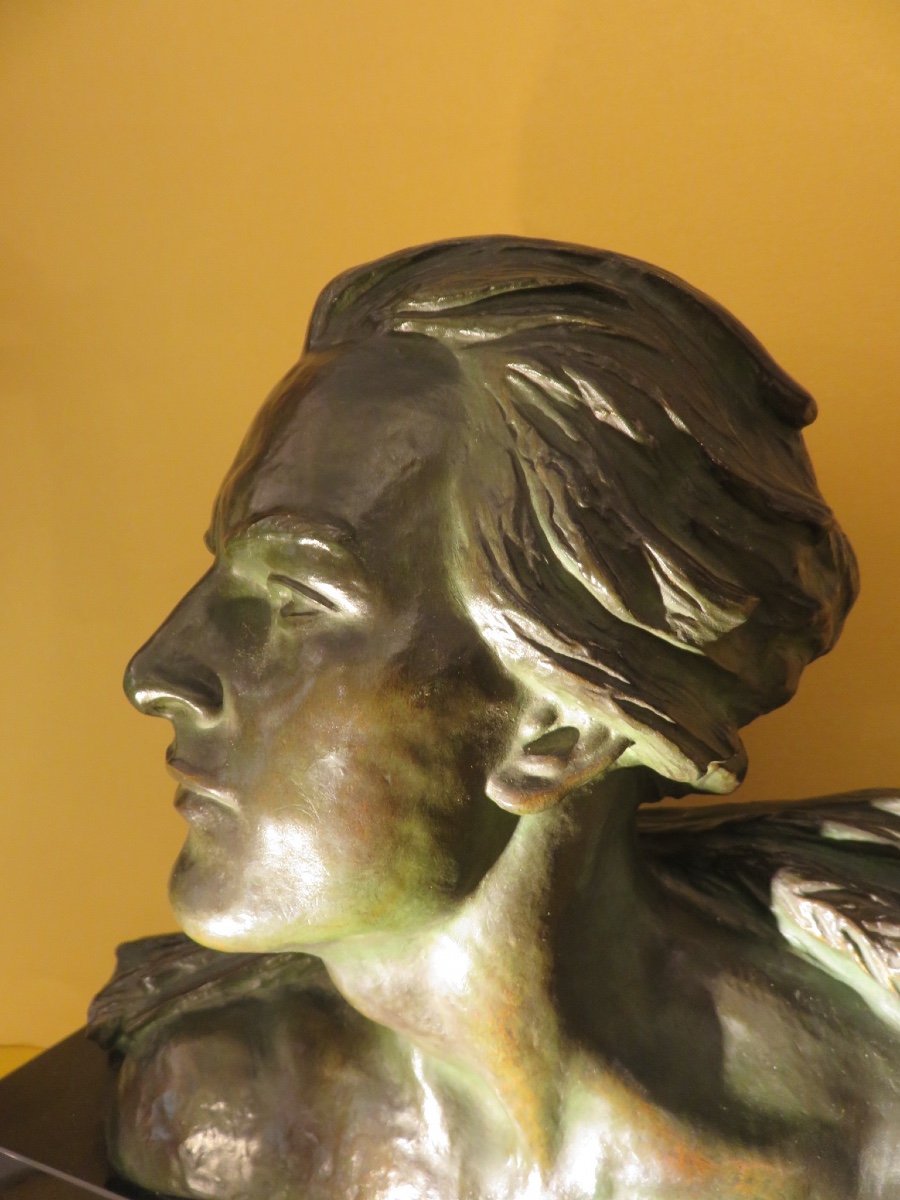 Art Deco Bronze By Alexandre Ouline, Bust Of A Man, Fondeur Patrouilleau-photo-6