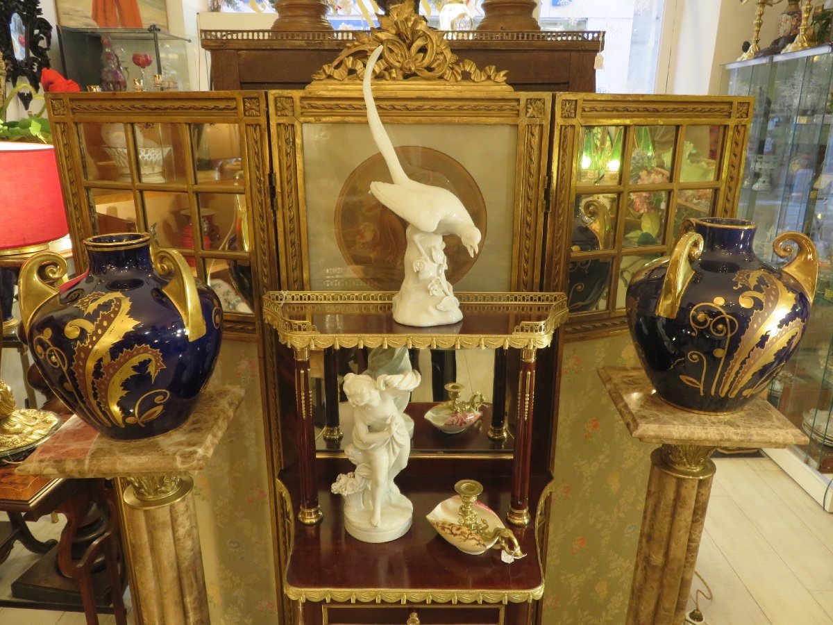 Deux vases Art Déco en faÏence fine de Tours ,  forme boule à trois anses signés Maurice Pinon -photo-7
