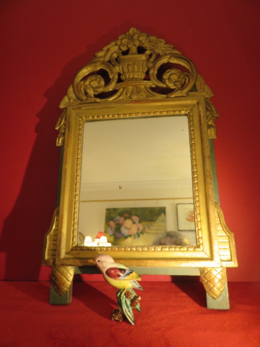 Small Mirror In Gilded Wood, Louis XVI Style Mercury Glass-photo-5