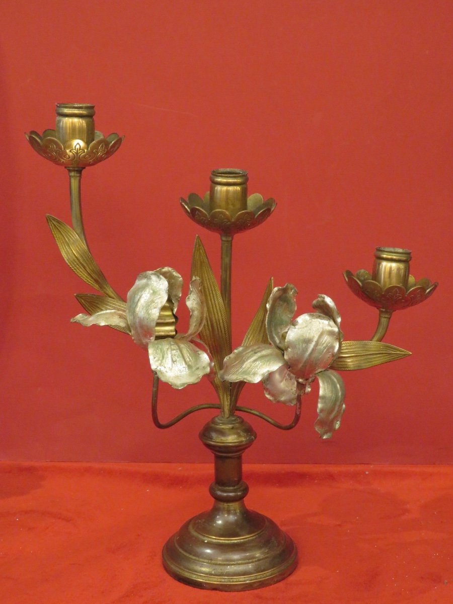 Paire de chandeliers d'époque Art Nouveau en laiton et laiton argenté décor de fleurs d'iris -photo-4