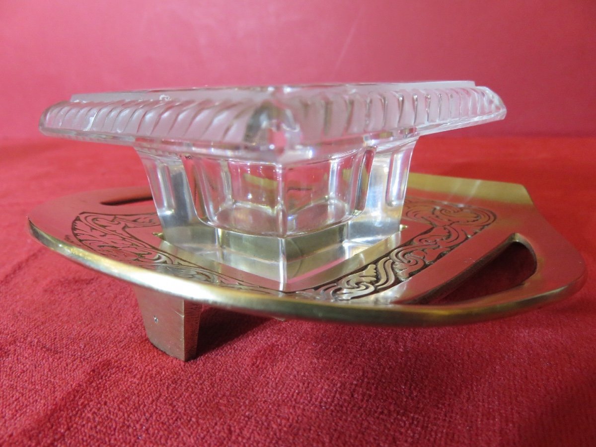 Art Deco Inkwell In Bronze And Crystal Signed Lalique France-photo-5