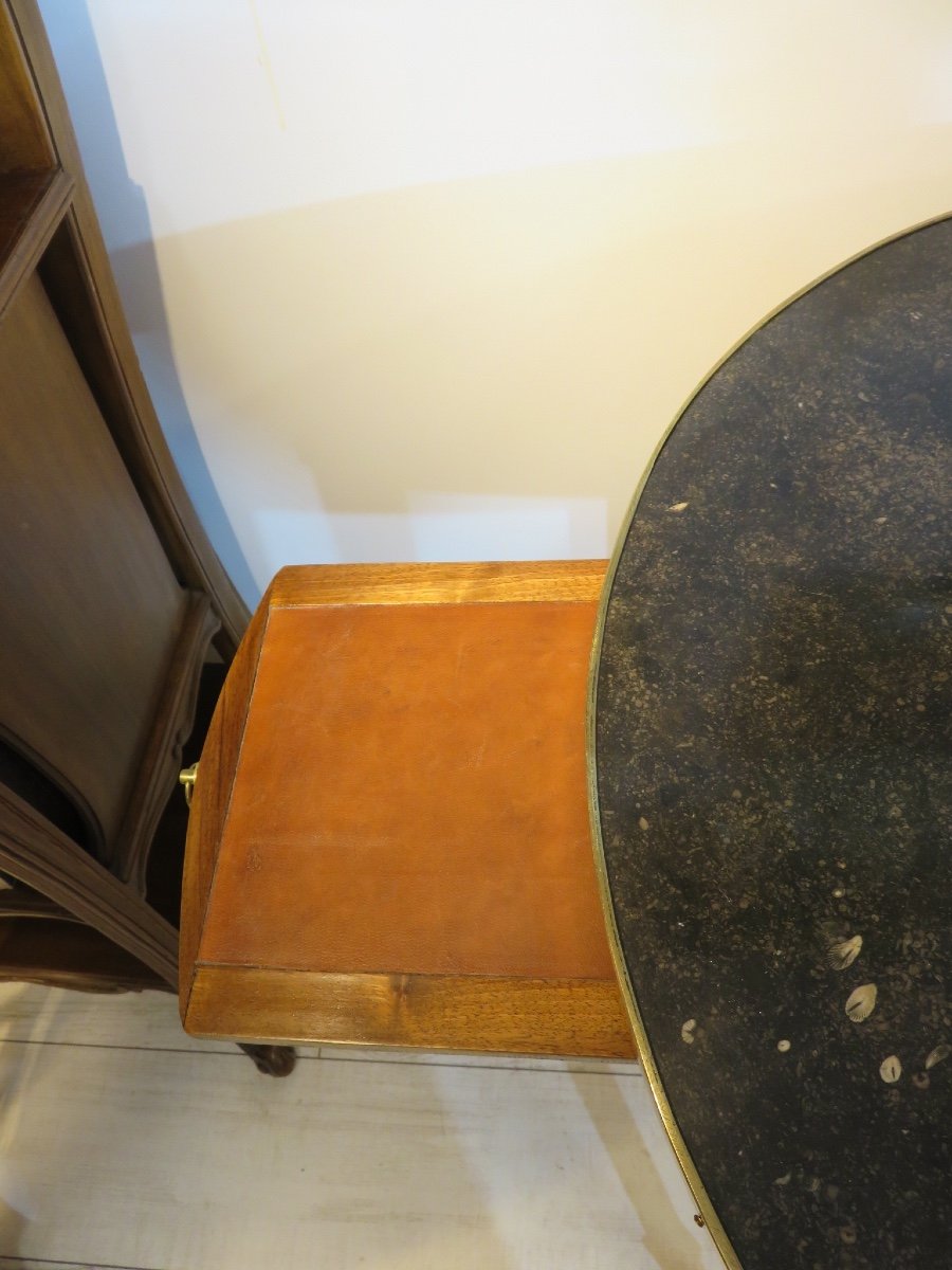 Hot Water Bottle Table In Walnut, Top In Black Stone From Tournai, Early 19th Century-photo-1