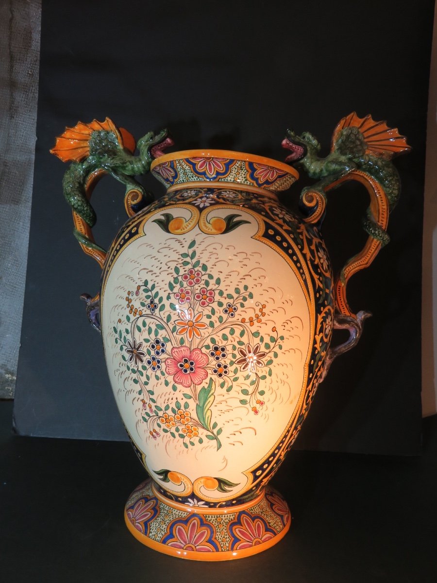Quimper Grand Vase ( Ht  47,5 Cm) Anses Aux  Dragons Ailés Signé HB Quimper Et Paul Fouillen-photo-3