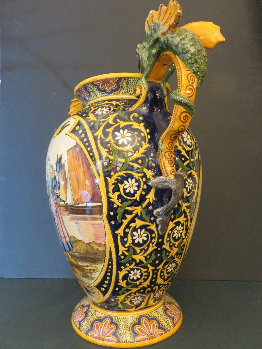 Quimper Grand Vase ( Ht  47,5 Cm) Anses Aux  Dragons Ailés Signé HB Quimper Et Paul Fouillen-photo-8
