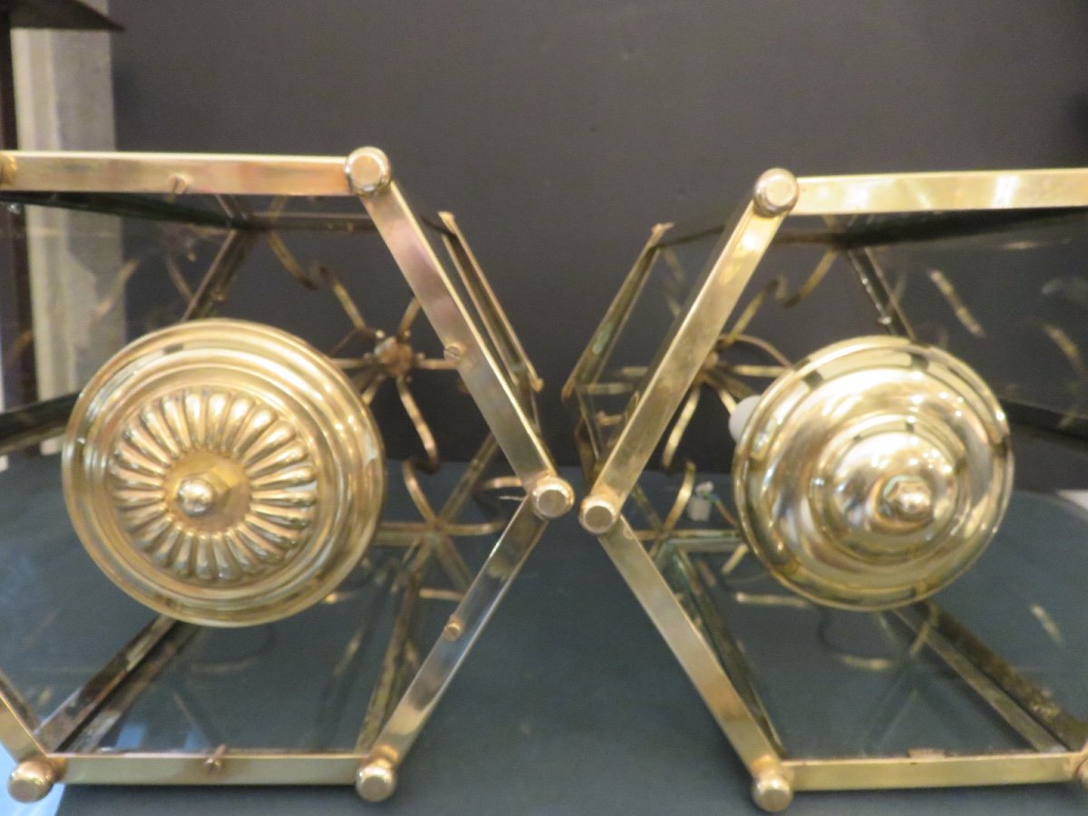 Pair Of 20th Century Hexagonal Shaped Brass Lanterns-photo-4