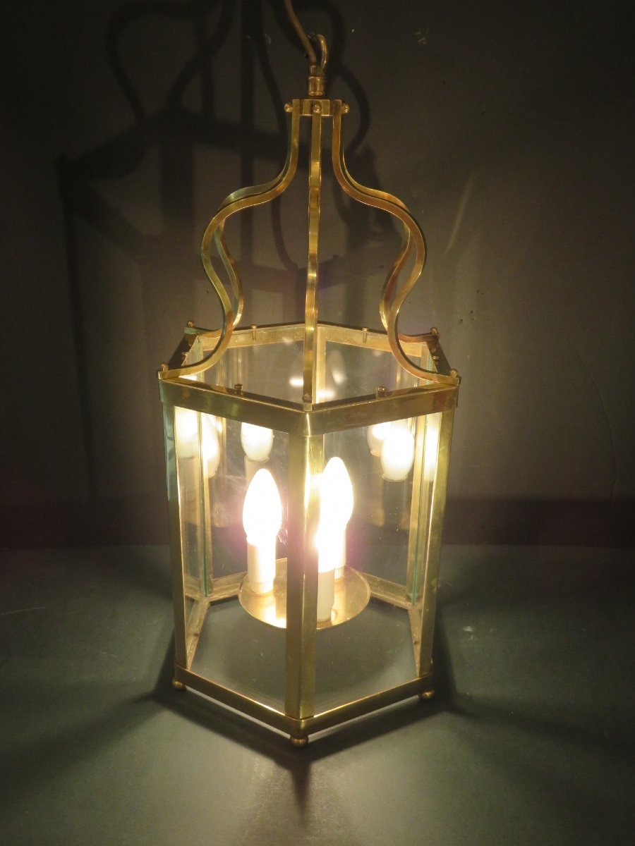 Pair Of 20th Century Hexagonal Shaped Brass Lanterns-photo-8