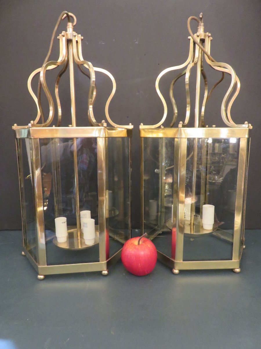 Pair Of 20th Century Hexagonal Shaped Brass Lanterns