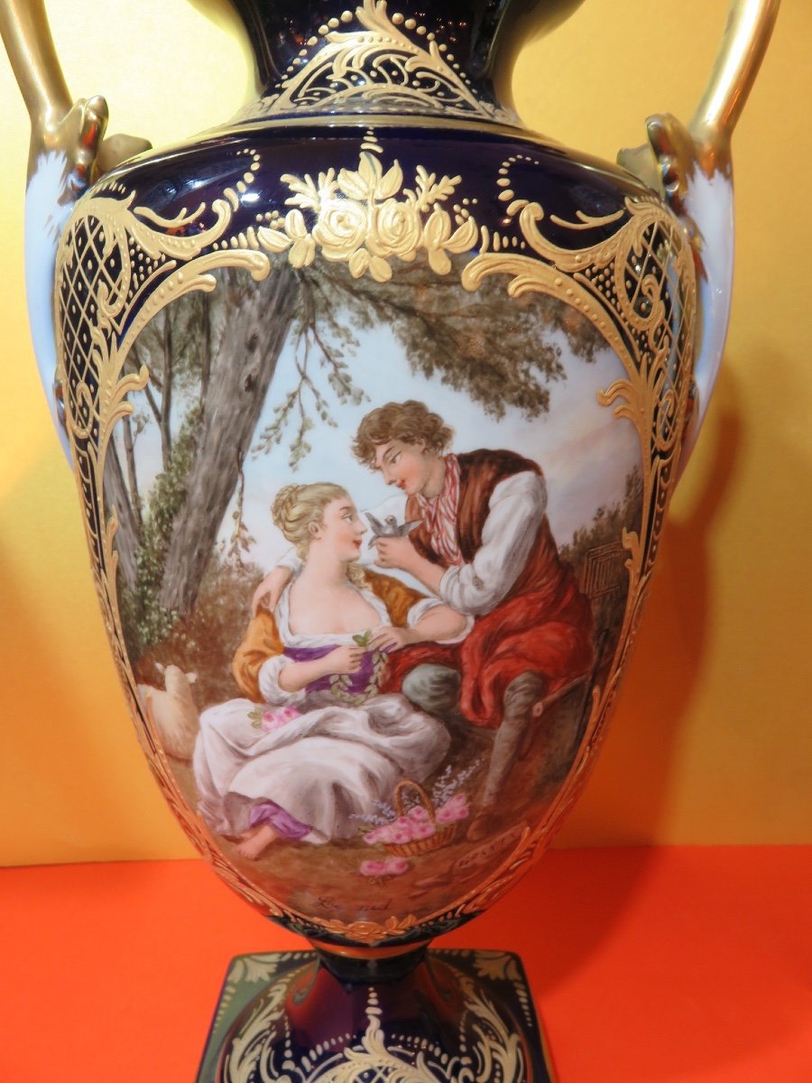 Pair Of Covered Vases In Polychrome Porcelain In The Style Of Sèvres, Signed Garnier 19th Century-photo-7