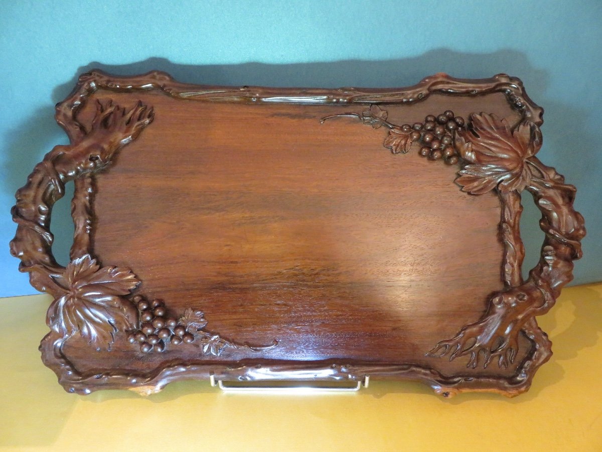 Solid Mahogany Tray With 19th Century Vine Theme-photo-2
