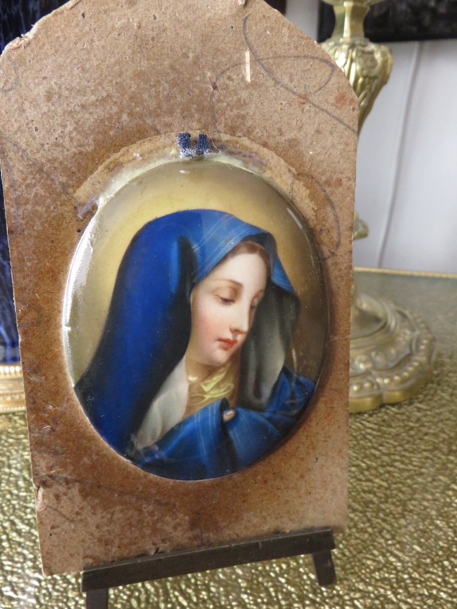 Triptyque de voyage en bois  avec une miniature peinte sur porcelaine  de Marie Madeleine -photo-2