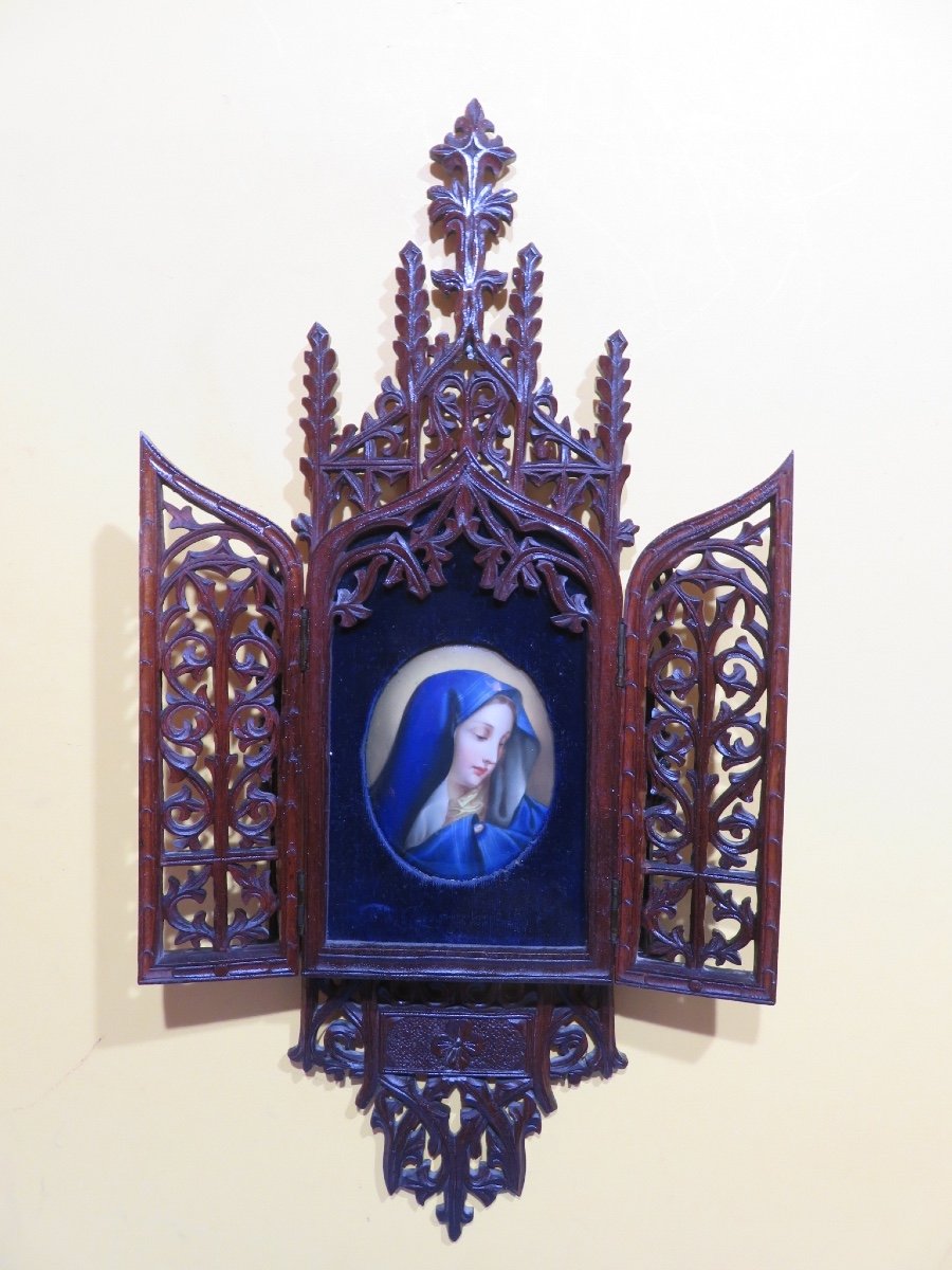 Triptyque de voyage en bois  avec une miniature peinte sur porcelaine  de Marie Madeleine -photo-3