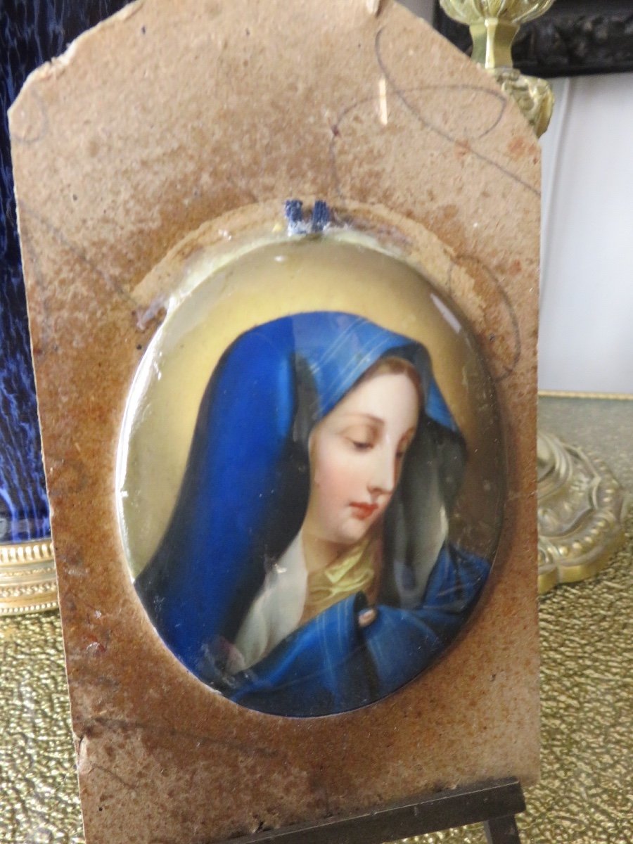Triptyque de voyage en bois  avec une miniature peinte sur porcelaine  de Marie Madeleine -photo-4