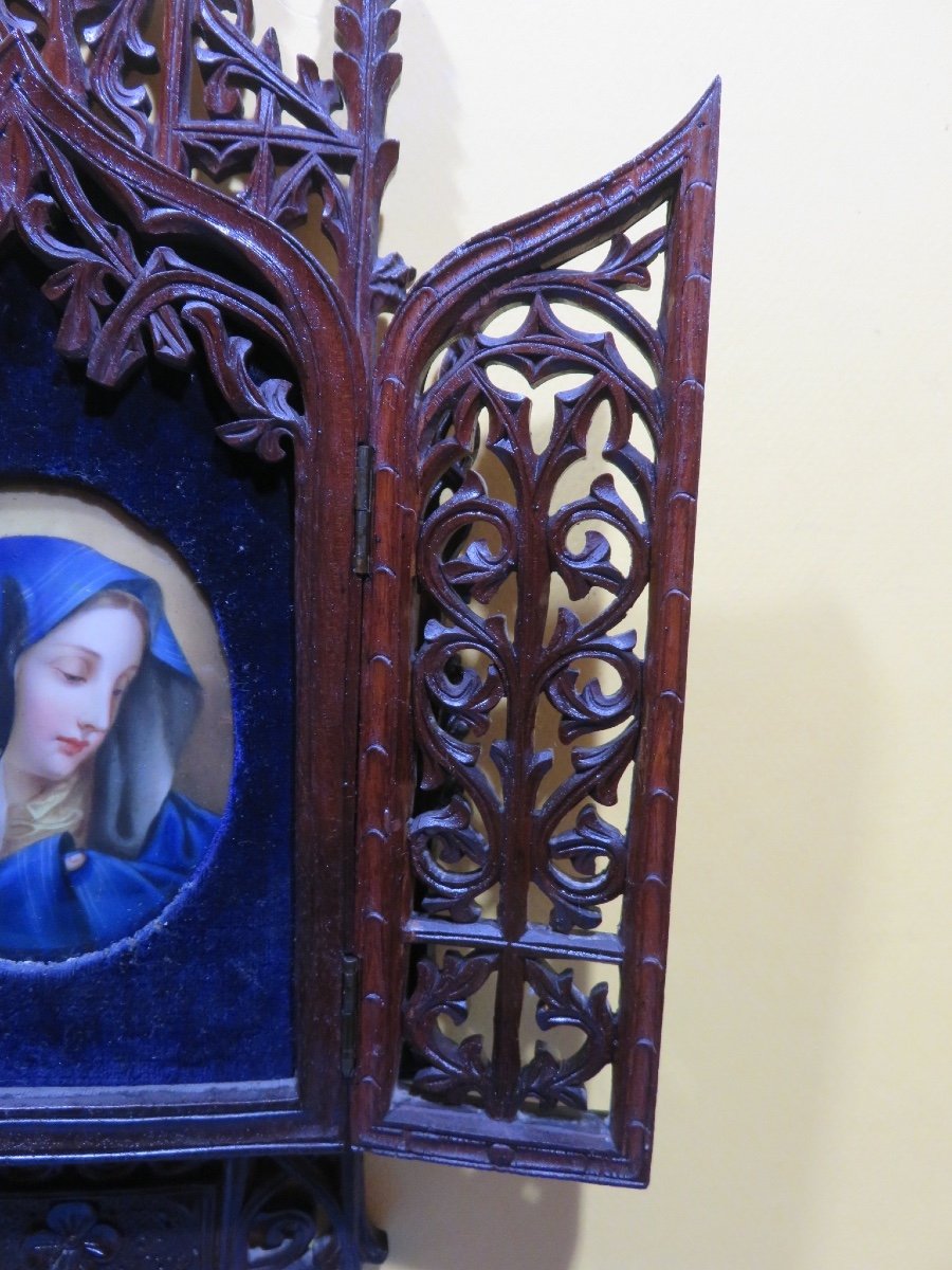 Triptyque de voyage en bois  avec une miniature peinte sur porcelaine  de Marie Madeleine -photo-6
