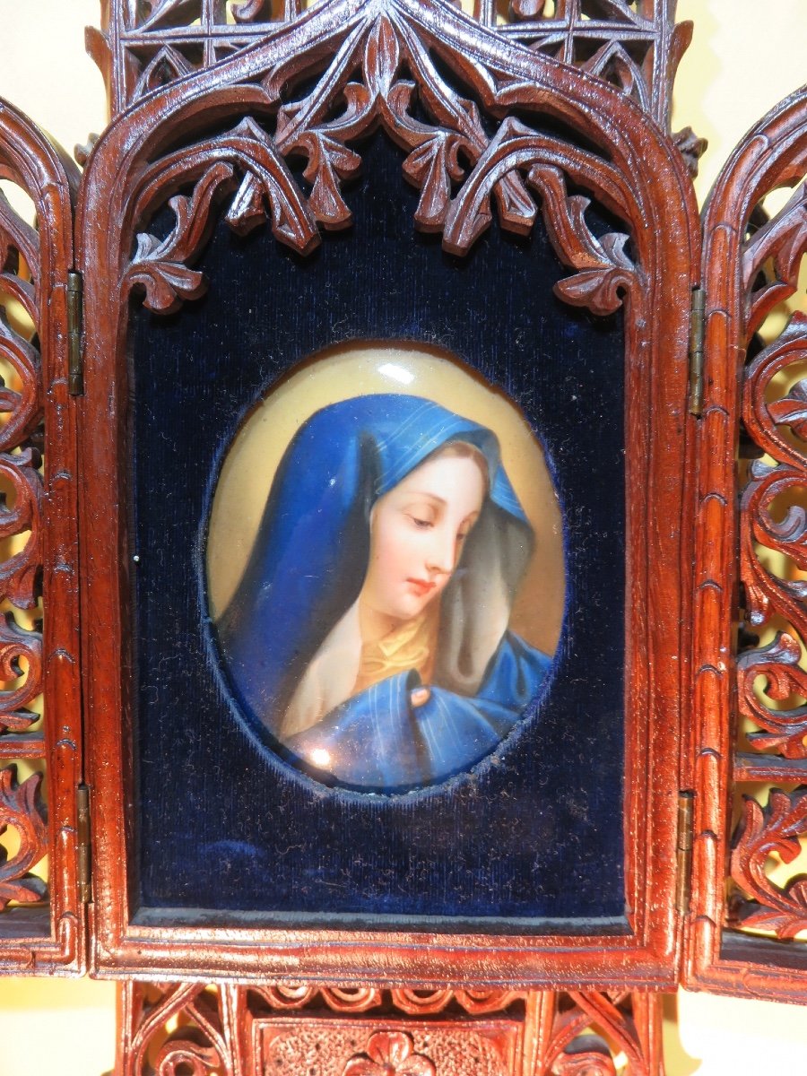 Triptyque de voyage en bois  avec une miniature peinte sur porcelaine  de Marie Madeleine -photo-7