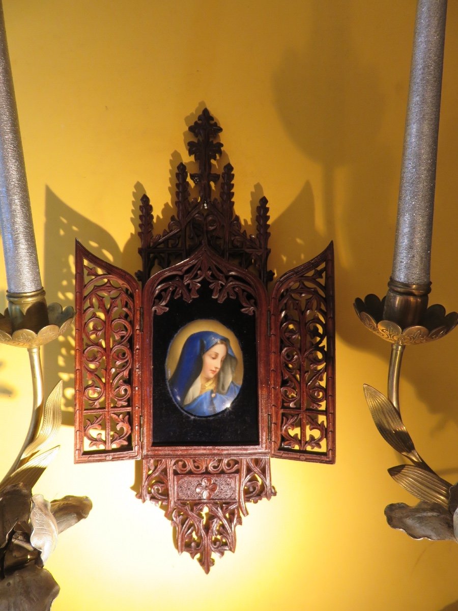 Triptyque de voyage en bois  avec une miniature peinte sur porcelaine  de Marie Madeleine 