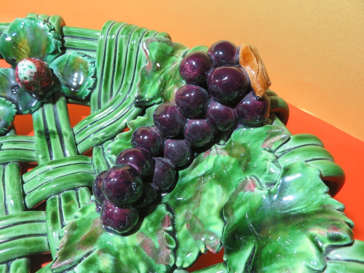 Braided Polychrome Ceramic Dish, Relief Fruit Decoration, Diameter 38 Cm, 1950s-photo-2