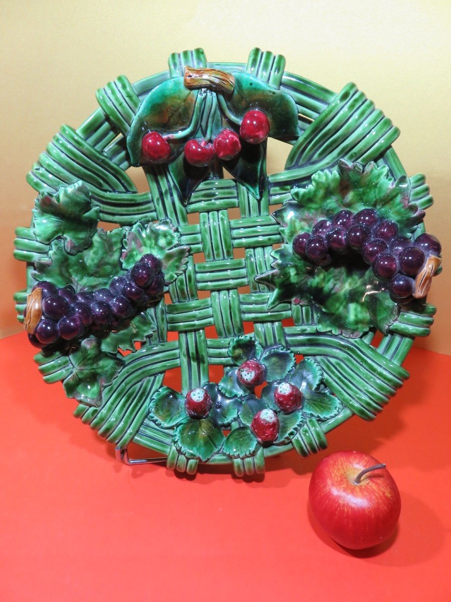 Braided Polychrome Ceramic Dish, Relief Fruit Decoration, Diameter 38 Cm, 1950s