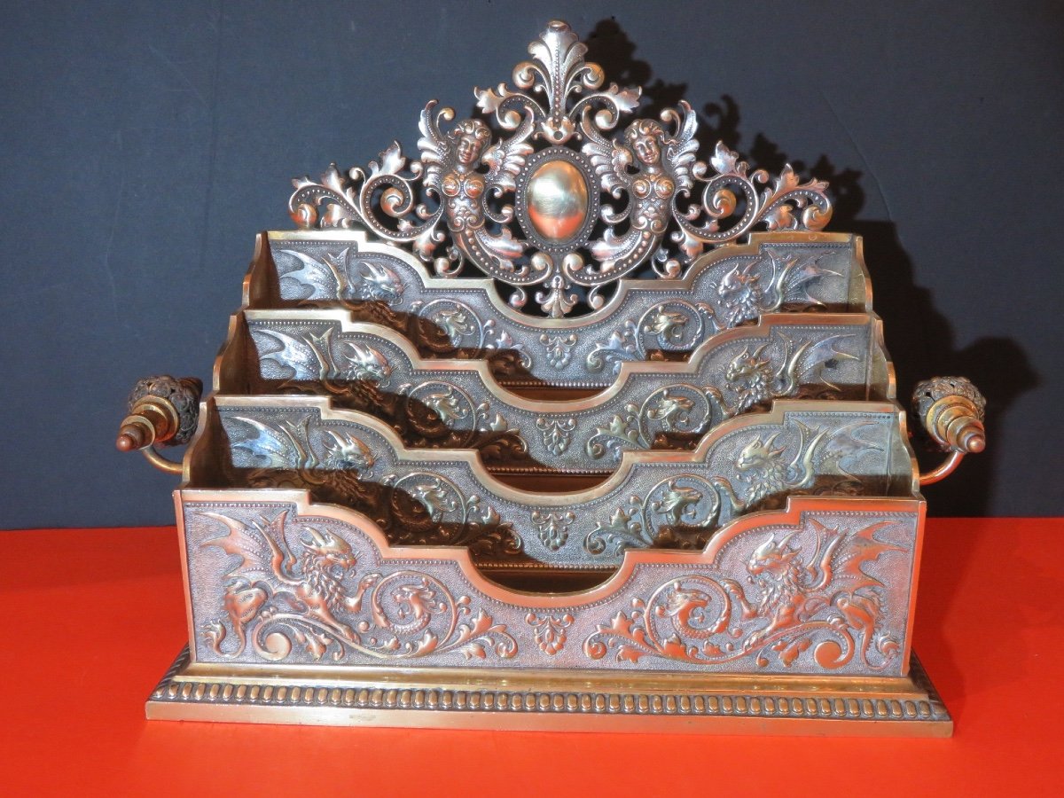 Porte courrier en bronze à double patine aux motifs de dragons et de gorgone XIX ème -photo-7