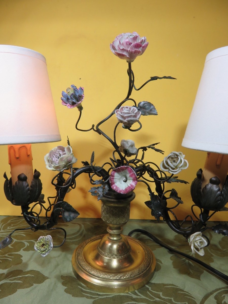 Paire de lampes avec fleurs en porcelaine , monture en bronze doré de style Louis XV ,  XIX ème-photo-2