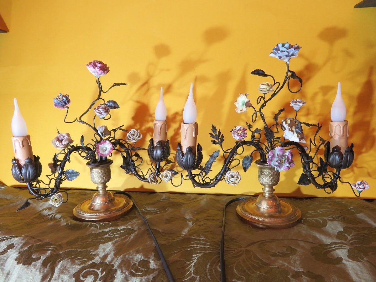 Paire de lampes avec fleurs en porcelaine , monture en bronze doré de style Louis XV ,  XIX ème