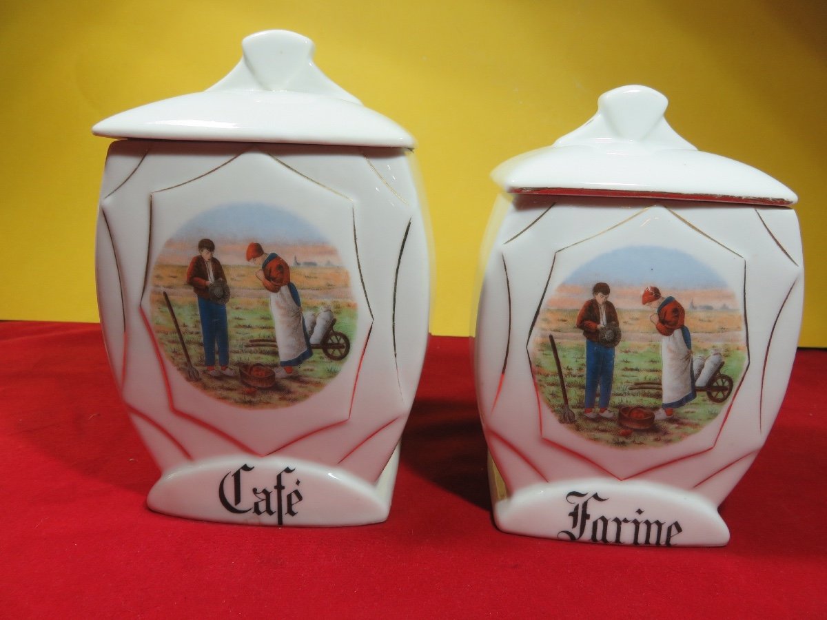 Set Of Six Art Deco Style Porcelain Spice Jars Decorated With The Angelus By Millet -photo-3