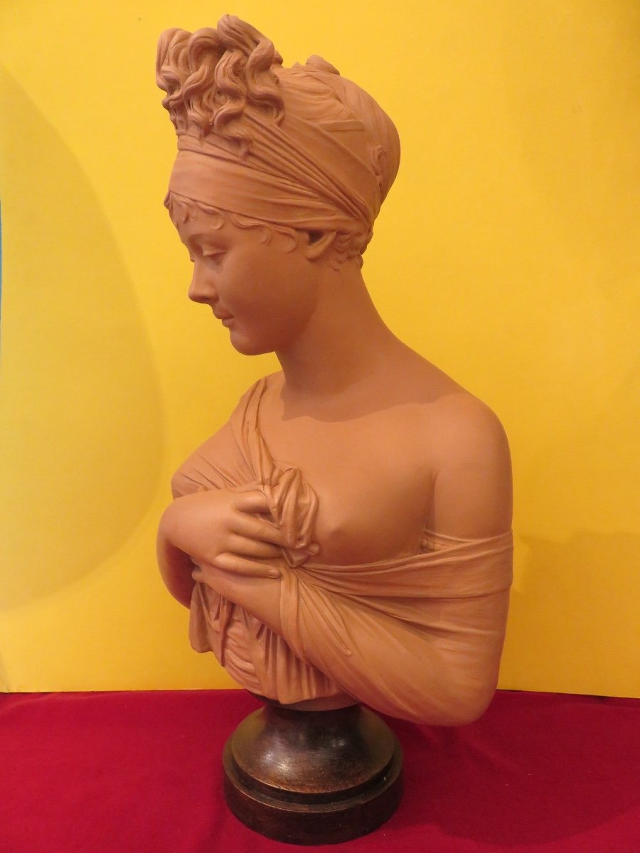 Terracotta Bust Of Madame Récamier (1777-1849) Height 55 Cm Signed Houdon -photo-3