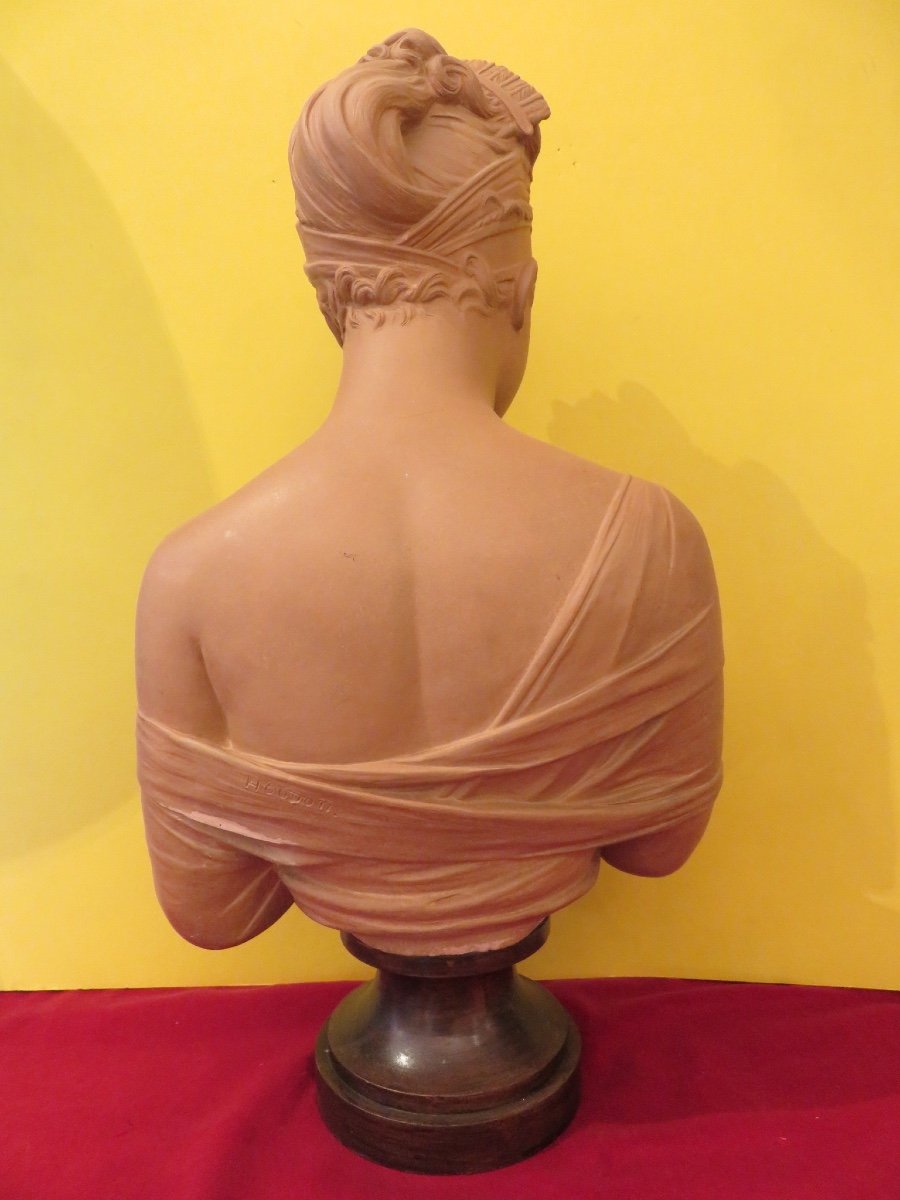 Terracotta Bust Of Madame Récamier (1777-1849) Height 55 Cm Signed Houdon -photo-3