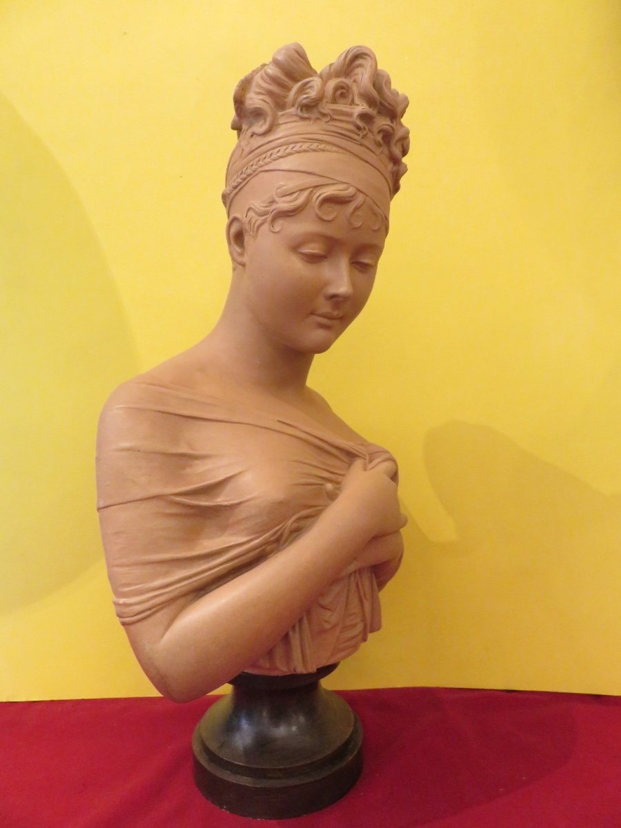 Terracotta Bust Of Madame Récamier (1777-1849) Height 55 Cm Signed Houdon -photo-5