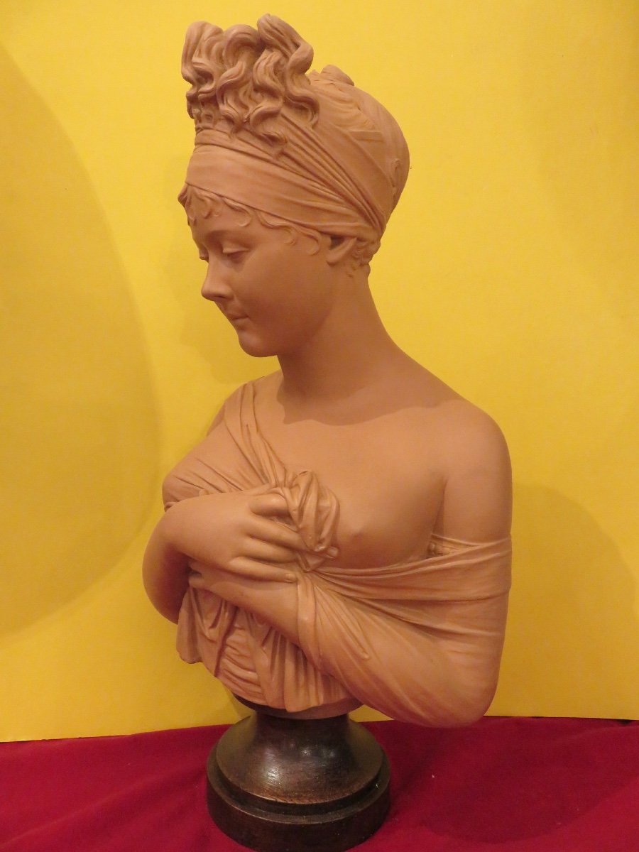 Terracotta Bust Of Madame Récamier (1777-1849) Height 55 Cm Signed Houdon -photo-7