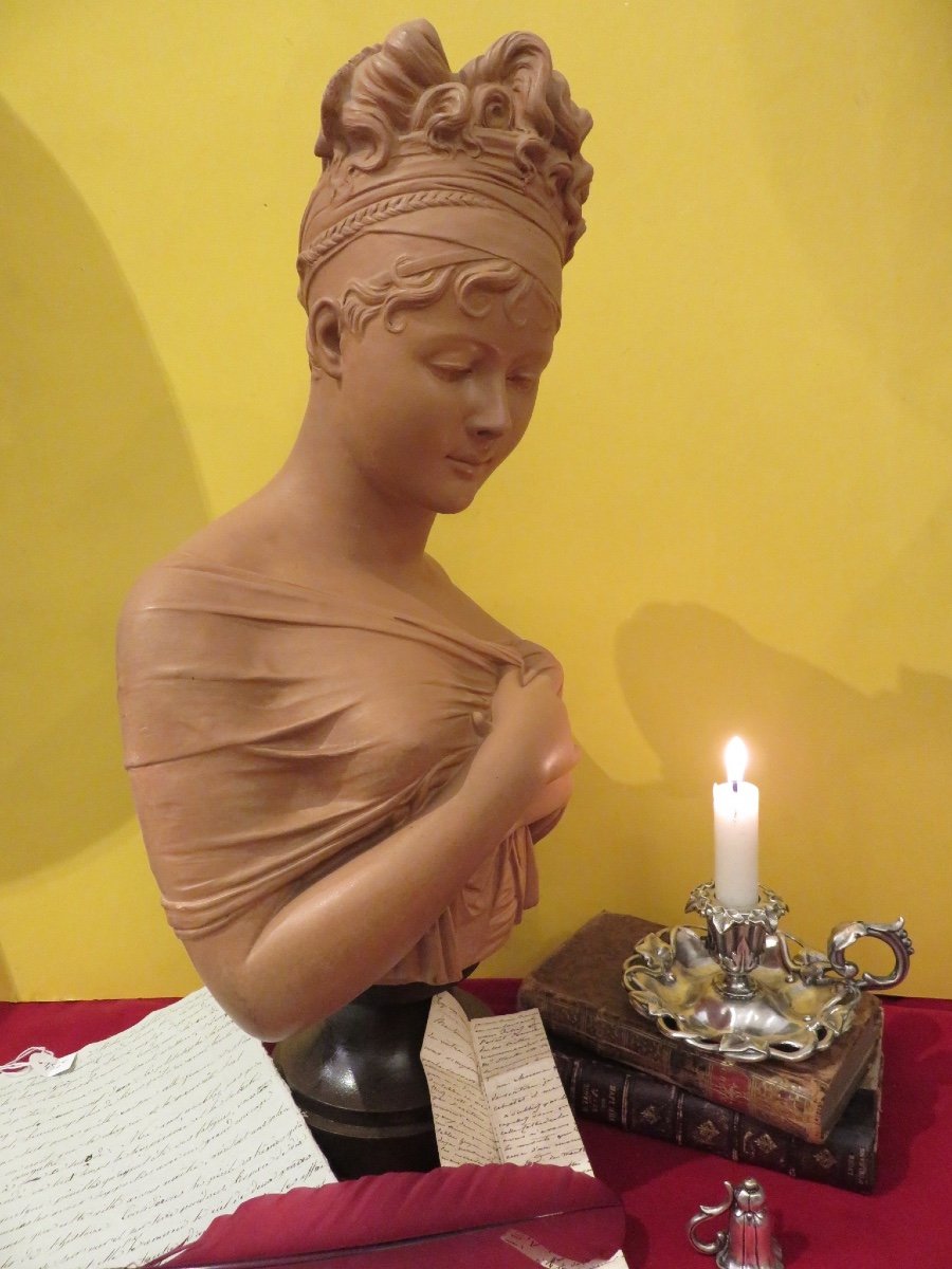 Terracotta Bust Of Madame Récamier (1777-1849) Height 55 Cm Signed Houdon -photo-8