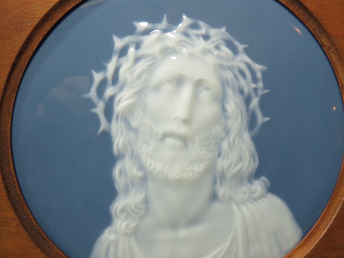 Christ Wearing The Crown Of Thorns: Limoges Porcelain Plaque Signed L. Crelerot -photo-2
