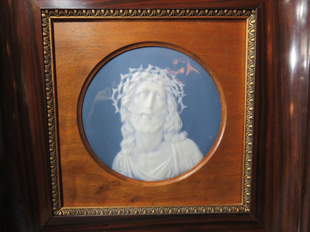 Christ Wearing The Crown Of Thorns: Limoges Porcelain Plaque Signed L. Crelerot -photo-1